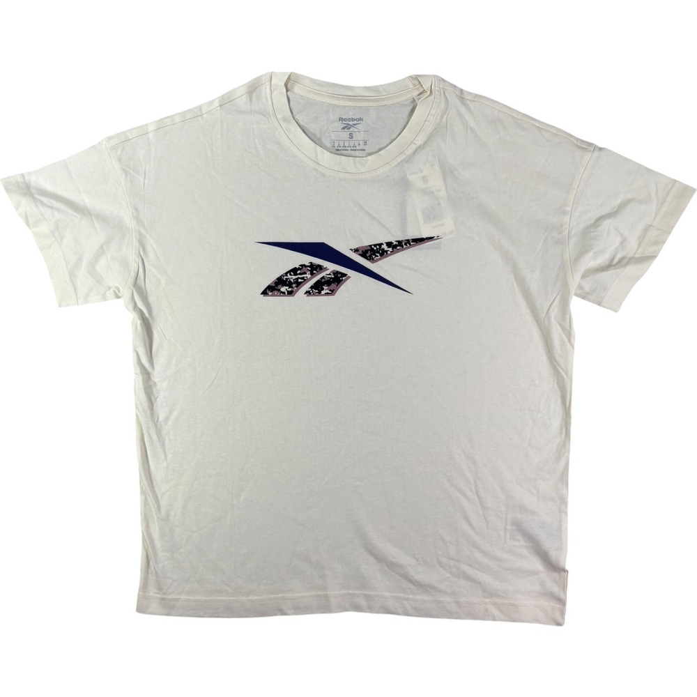 Reebok Tee Shirt Womens Small White Graphic Print Logo Training Athleisure Top